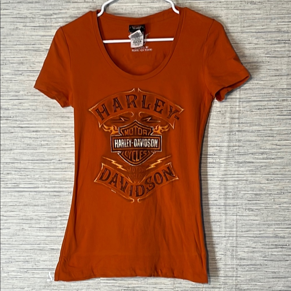 Harley-Davidson Bold Orange Scoop Neck Tee – Cherokee, NC – Size S (793)
